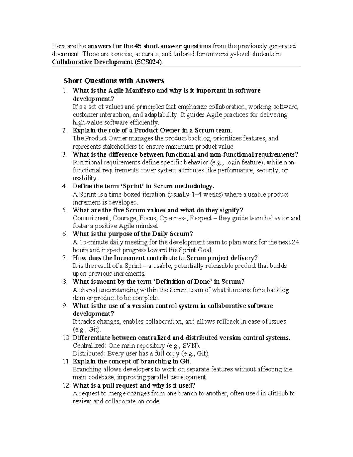 Collaborative development (5CS024) short answer questions and answers ...
