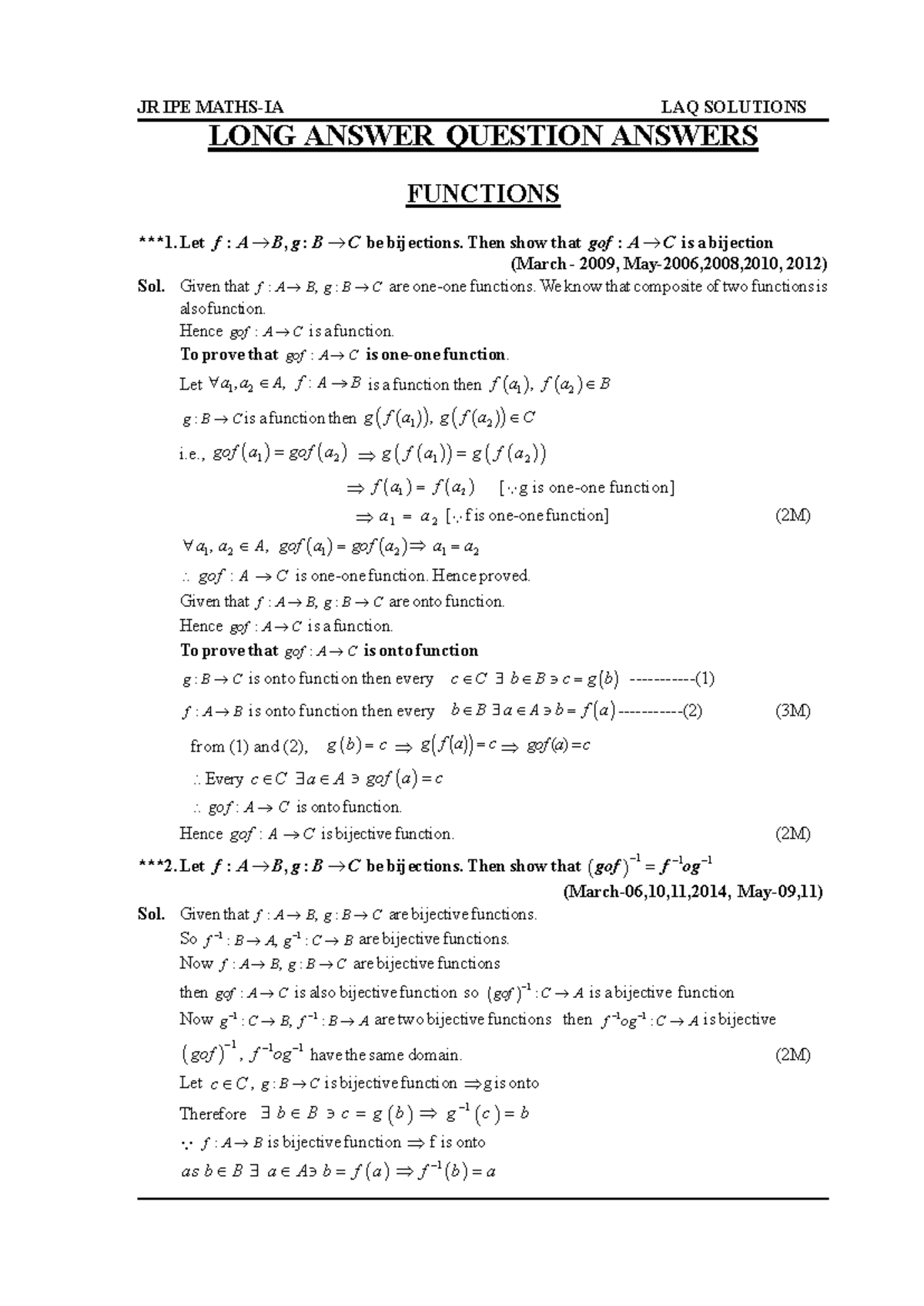 IPE 1A - Long Answer Questions on Functions and Bijections - Studocu