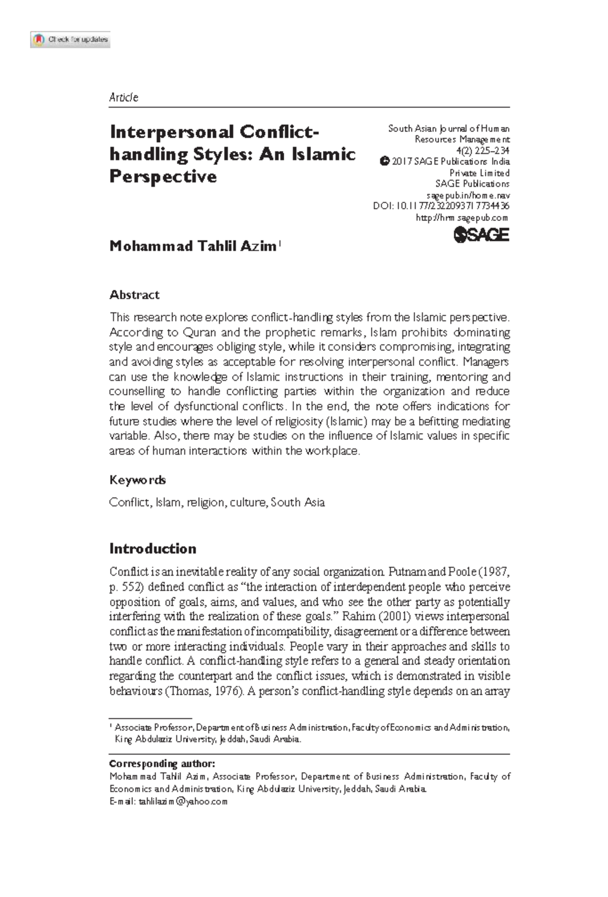 Azim 2017 interpersonal conflict handling styles an islamic perspective ...