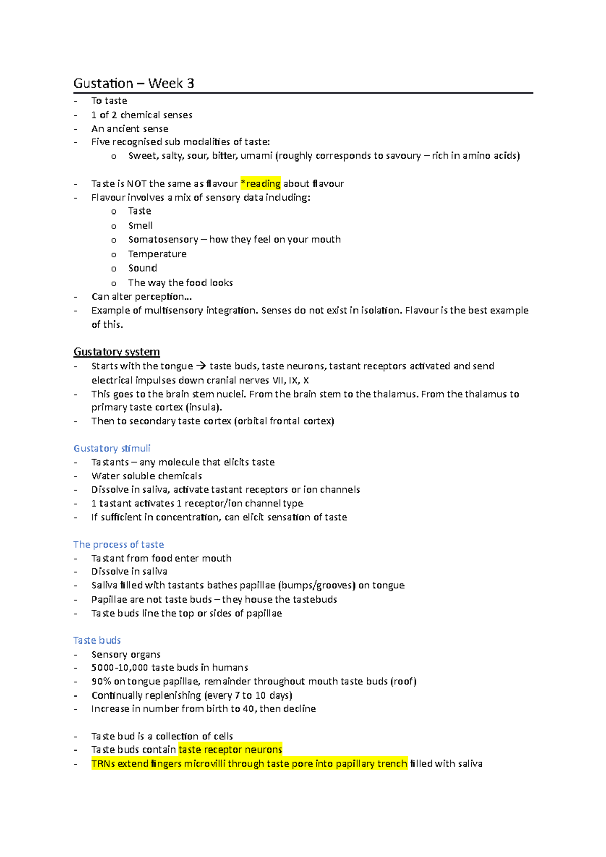 Gustation - Week 3 Study Notes for Sensory Processing and Taste - Studocu