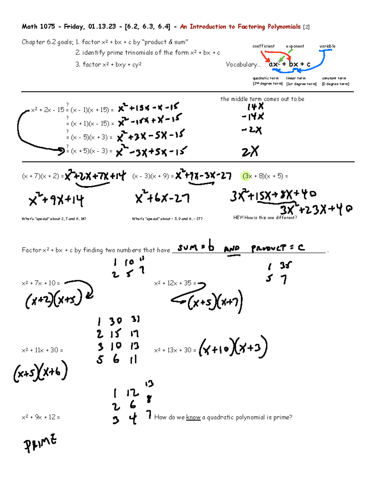 Math 1075 Lecture: Intro to Factoring Polynomials (Ch 6.2-6.4) - Studocu