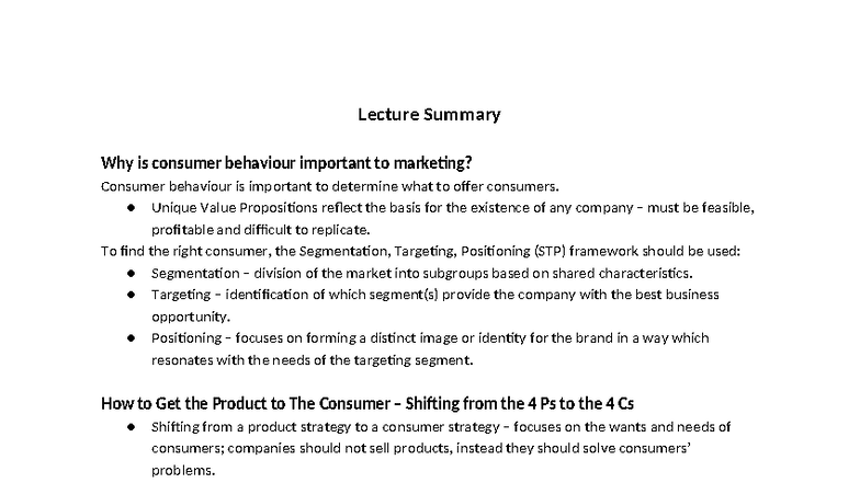 MARK2051 Week 2 Lecture Summary: Importance of Consumer Behaviour in ...