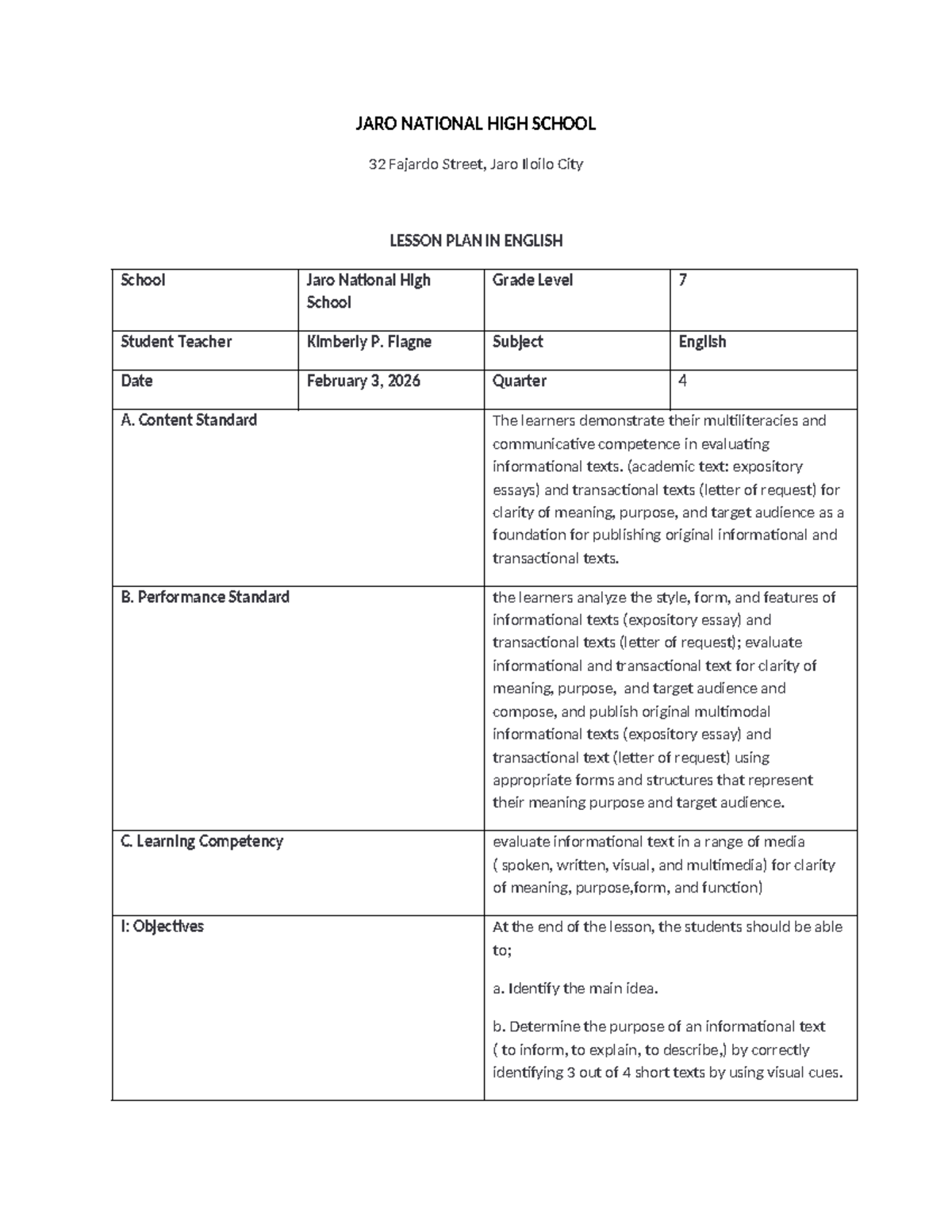 JARO NATIONAL HIGH SCHOOL G7 ENGLISH LESSON PLAN Q4 - Week 1 - Studocu