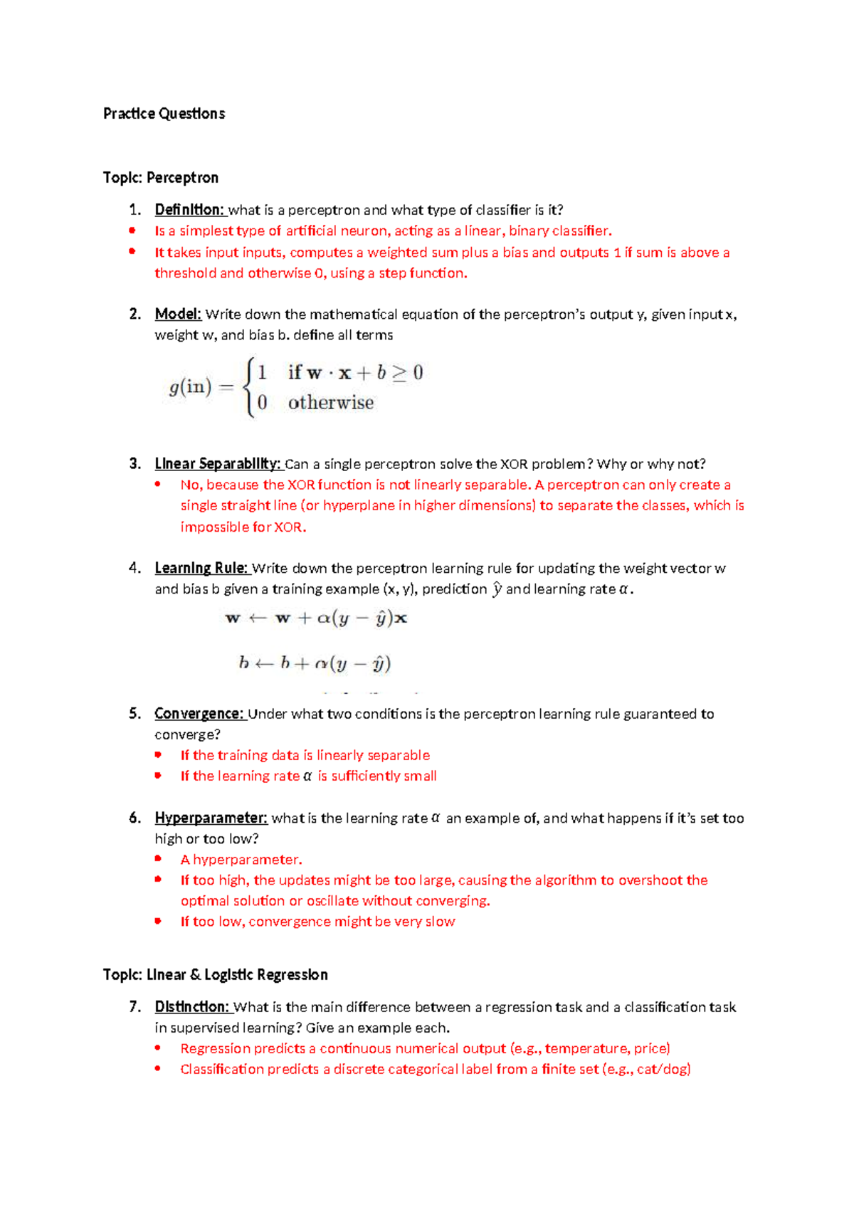 Practice Questions: Perceptron, Logistic Regression & Neural Networks ...