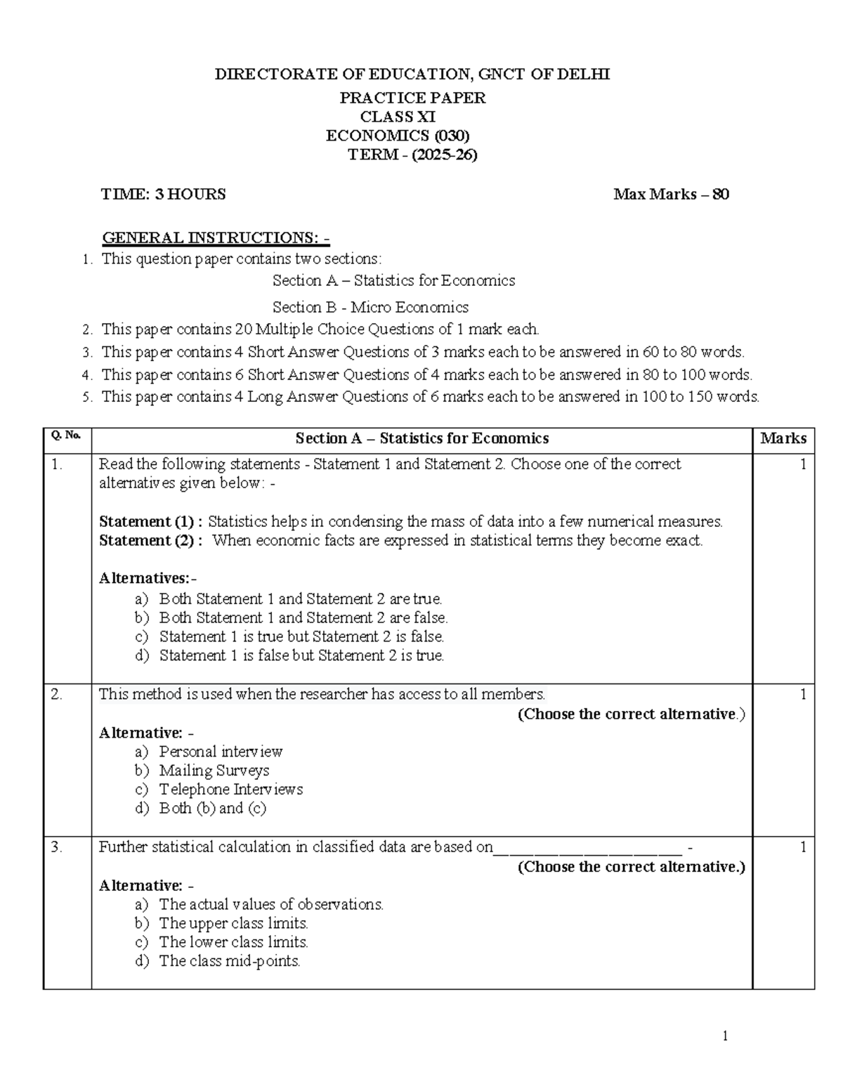 Economics Mock Practice Paper Class XI (030) - Term Exam - Studocu