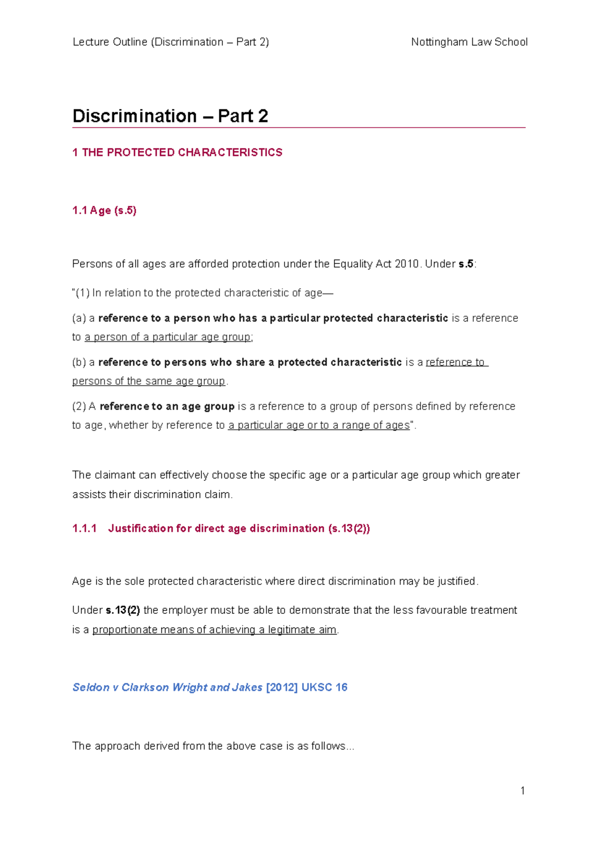 Lecture Outline: Discrimination Part 2 - Nottingham Law School - Studocu