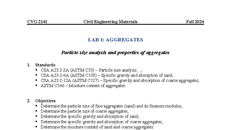 CVG 2141 Civil Engineering Materials Fall 2024 Lab 1: Aggregates ...