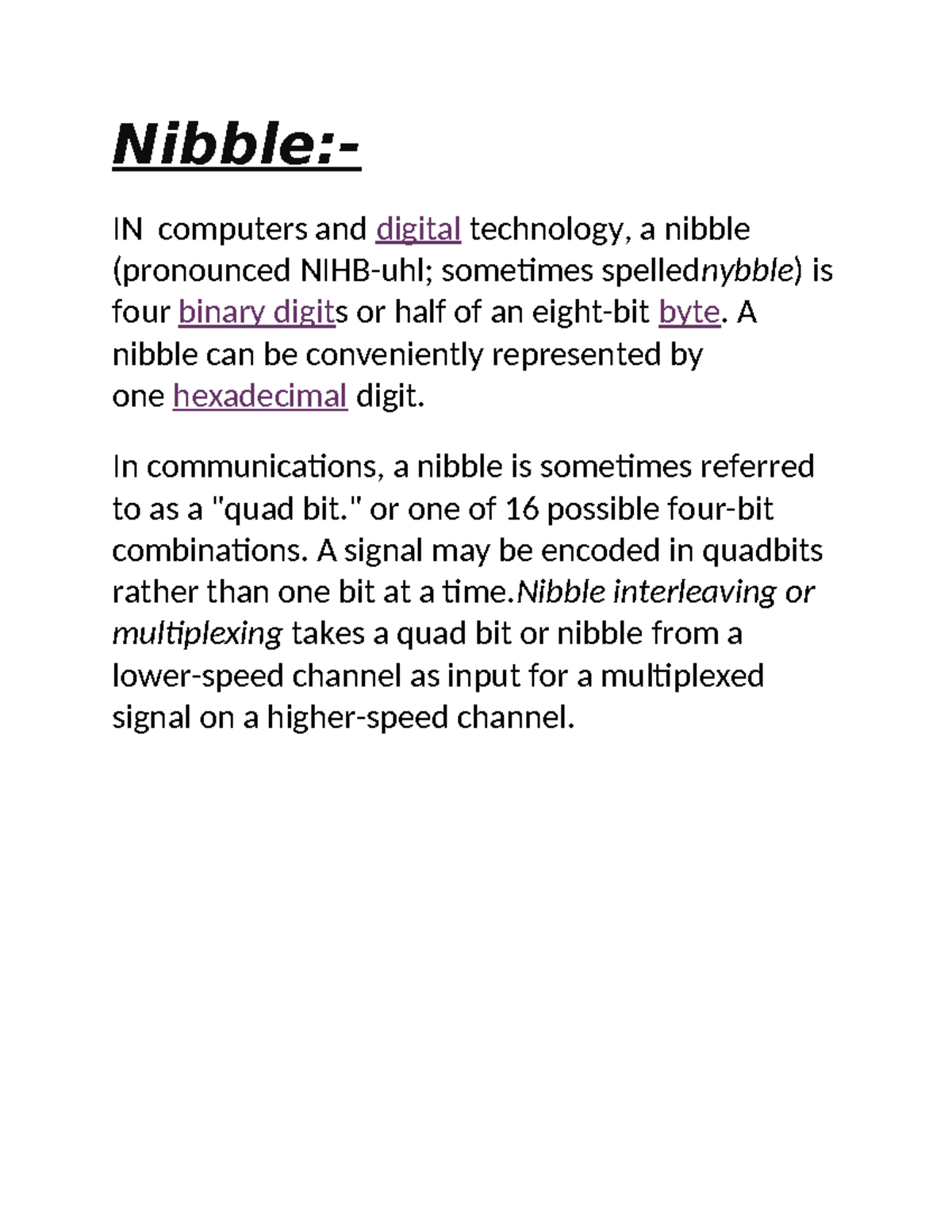 Nibble - It notes - Nibble:- IN computers and digital technology, a ...