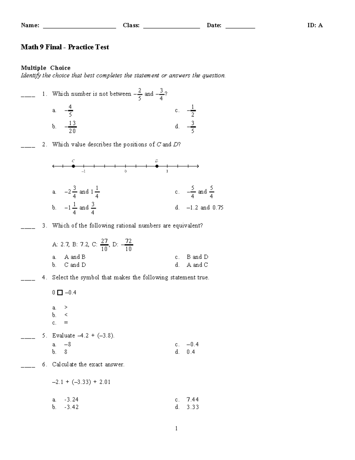 Math 9 Final Exam Practice Test - Studocu