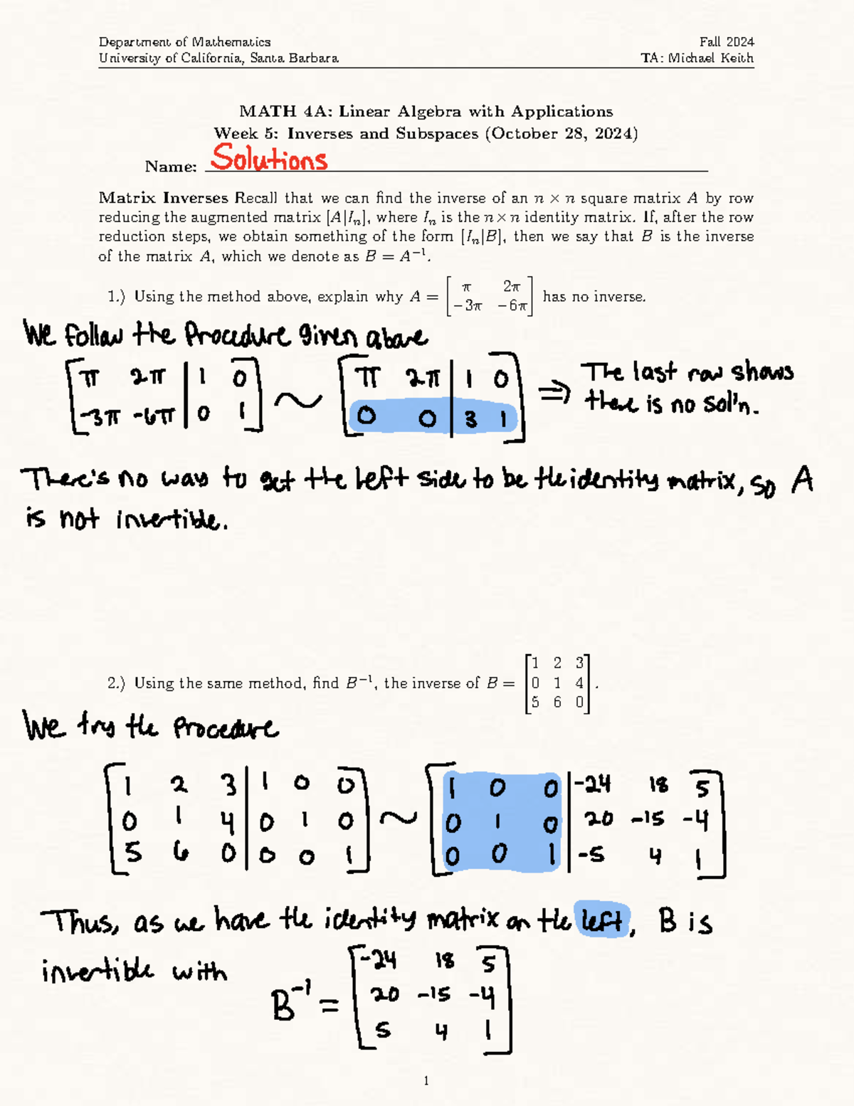 MATH 4A: Linear Algebra Worksheet 5 Solutions on Inverses & Subspaces ...