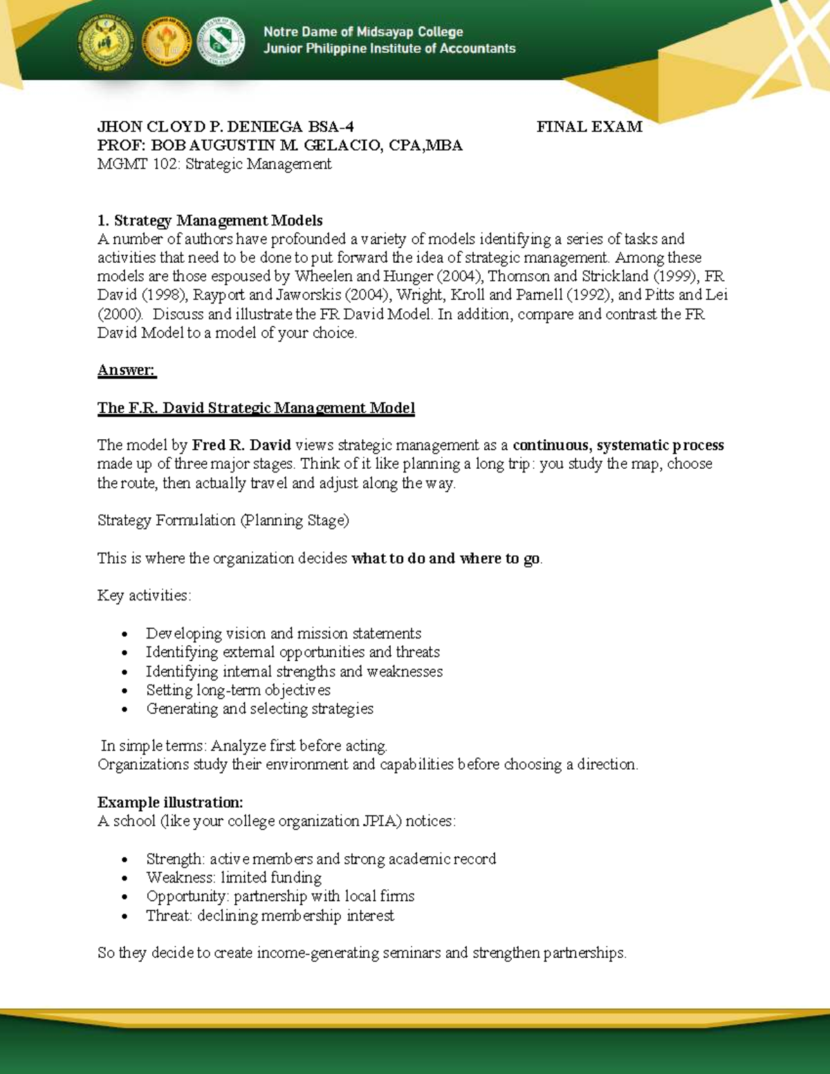 MGMT 102: Strategic Management Final Exam Study Notes - Studocu