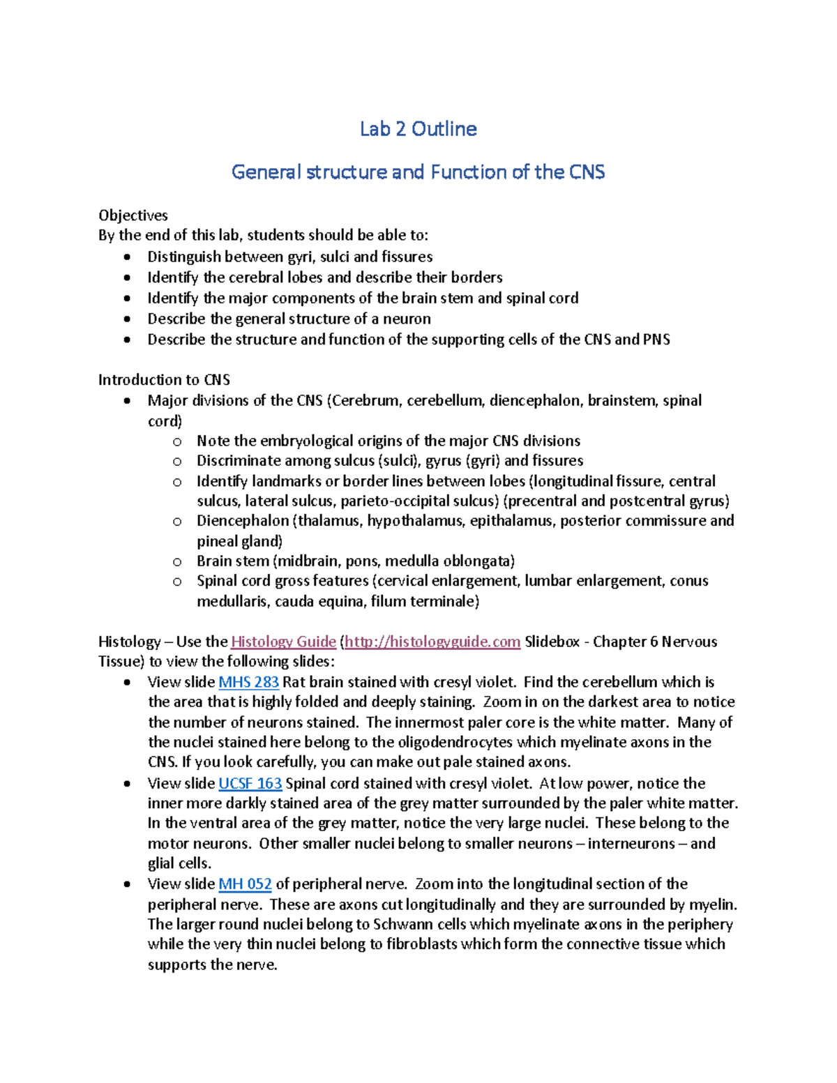 Lab 2 Outline: Structure & Function of the CNS - Studocu