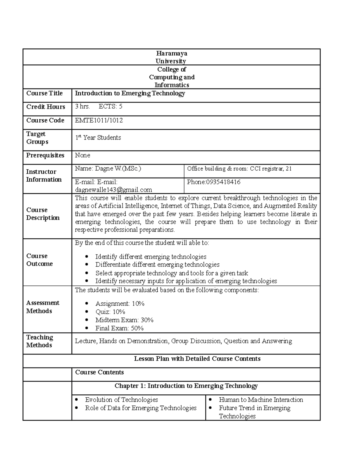 EMTE1011: Introduction to Emerging Technology Course Outline - Studocu