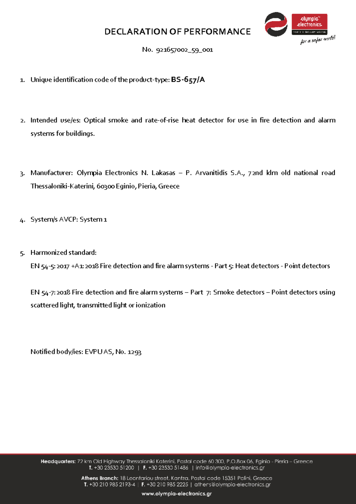 BS-EN 54-7 - BS-EN - DECLARATION OF PERFORMANCE No. 921657002_59_ 1 ...