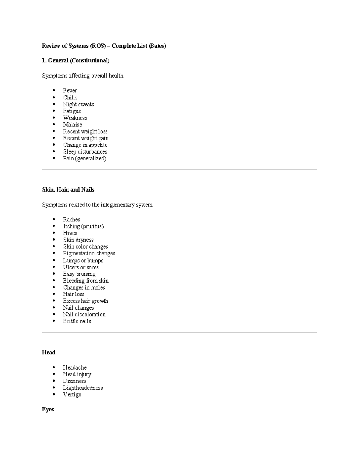 Review of Systems (ROS) Comprehensive Guide (Bates) - Studocu