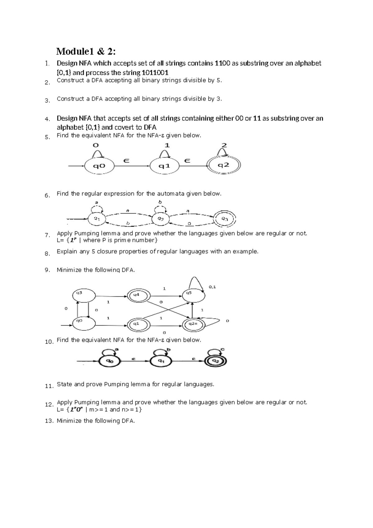 Module 1: NFA & DFA Design Questions for Automata Theory - Studocu