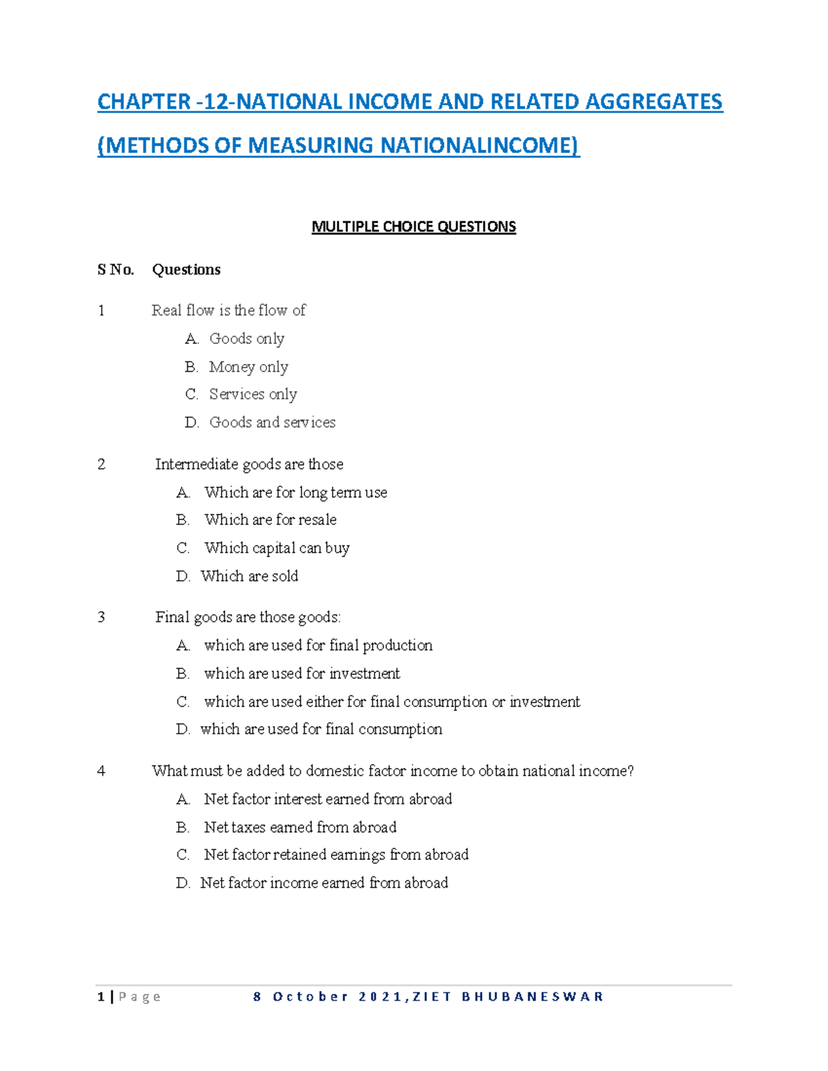 CHAPTER INCOME AND RELATED AGGREGATES (NATIONAL INCOME MEASUREMENT ...