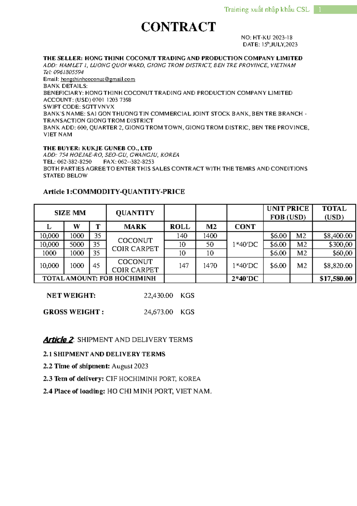 SAMPLE CONTRACT - Training xuất nhập khẩu CSL 1 CONTRACT NO: HT-KU 202 ...