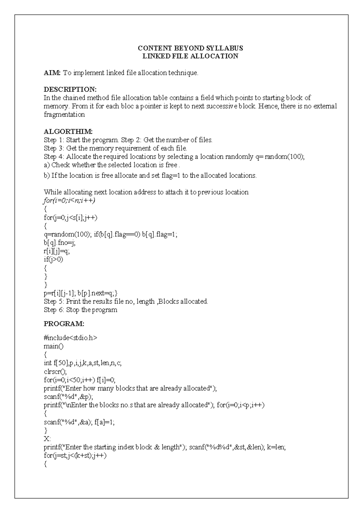 Linked FILE Allocation - CONTENT BEYOND SYLLABUS LINKED FILE ALLOCATION ...