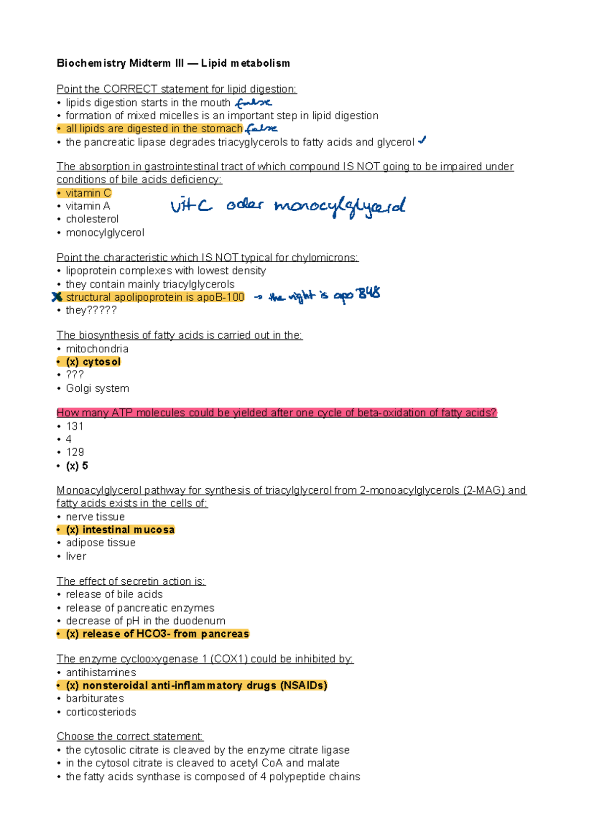 Biochemistry Midterm Study Notes: Lipid Metabolism Insights - Studocu