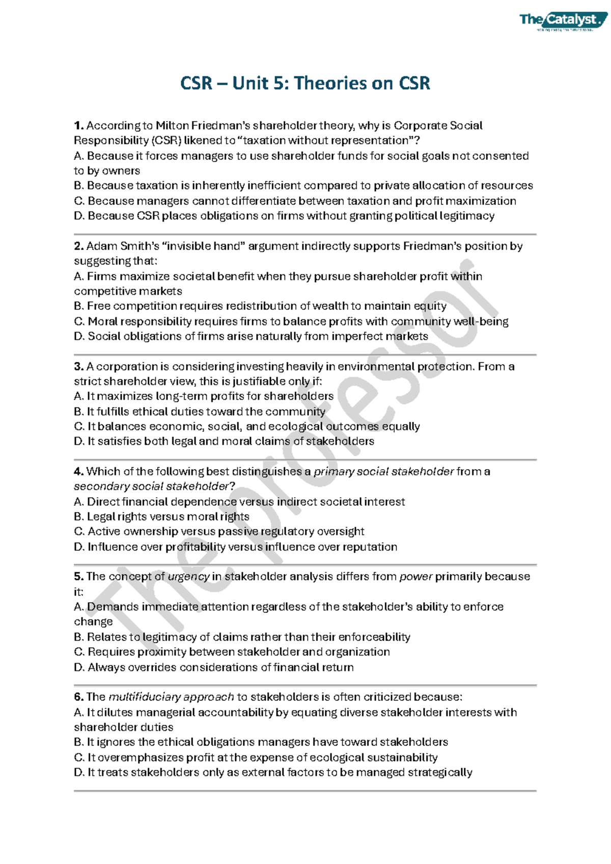 CSR Unit 5: Corporate Social Responsibility Quiz Insights - Studocu