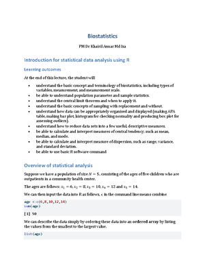 Biostatistics 101: Intro to Statistical Data Analysis Using R - Studocu