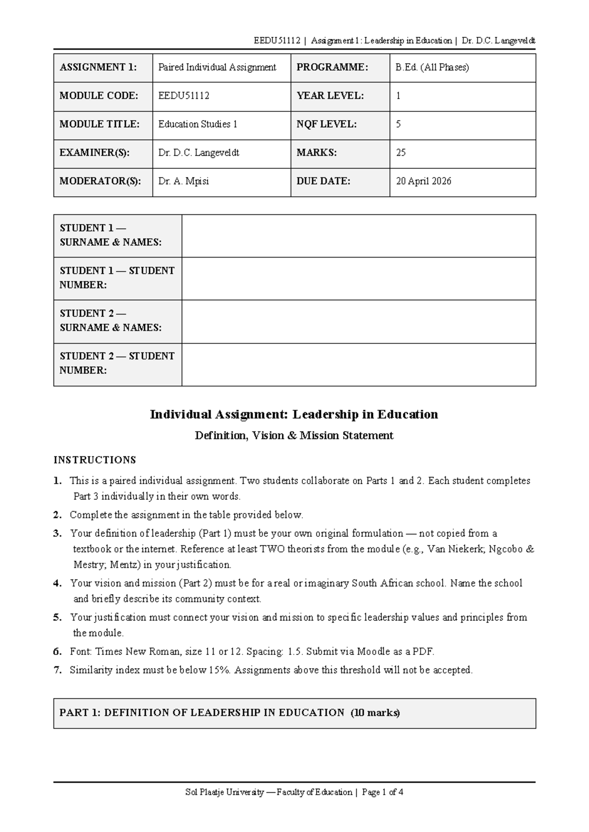 B.Ed. (All Phases) Assignment 1: Leadership in Education Insights - Studocu