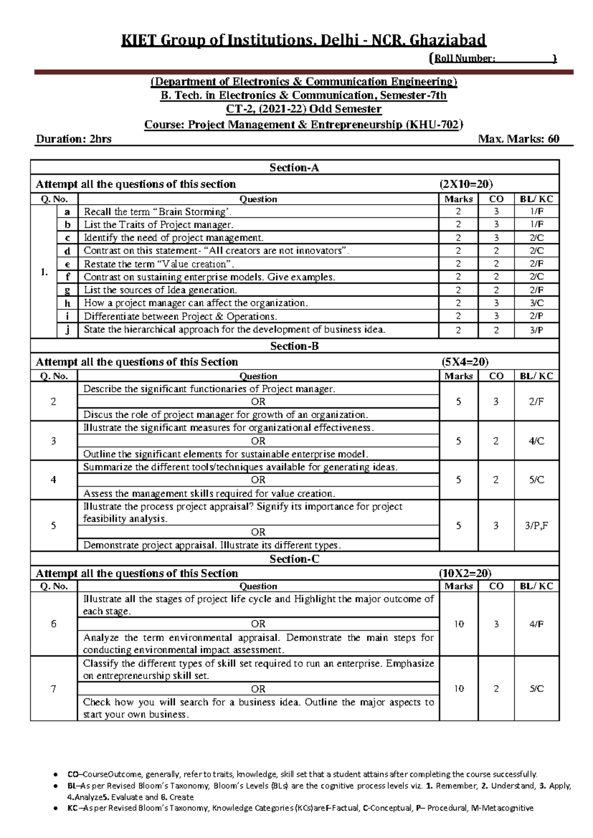 CT-2 Question Paper PME (KHU-702) - CO–CourseOutcome, generally, refer ...