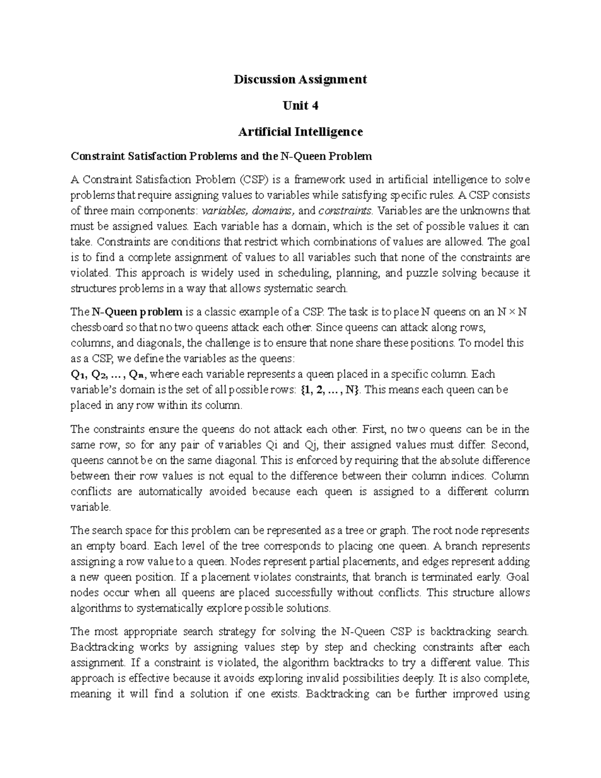 Discussion Assignment Unit 4: AI Constraint Satisfaction Problems - Studocu