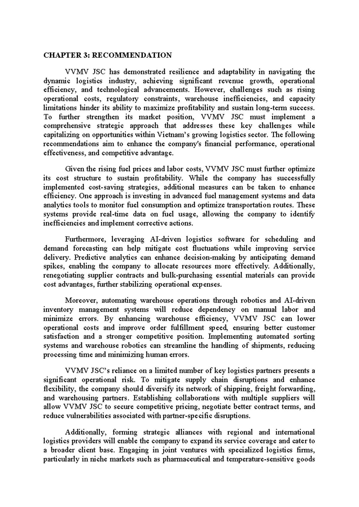 CHAPTER 3: STRATEGIC RECOMMENDATIONS FOR VVMV JSC LOGISTICS - Studocu