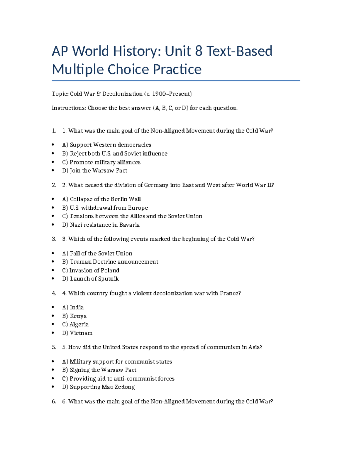 AP World History: Unit 8 Cold War & Decolonization MCQ Practice - Studocu