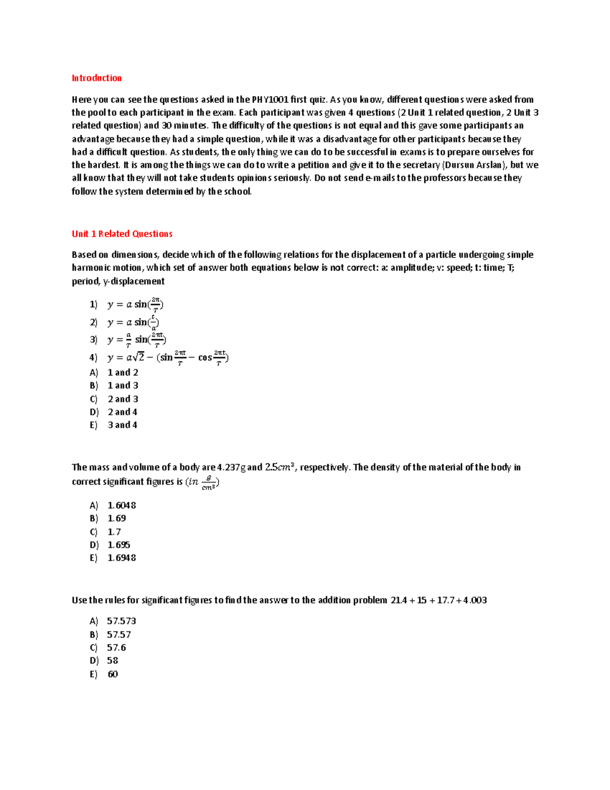 PHY 1001 Quiz 1 Questions & Answers (30.10.2022) - Studocu
