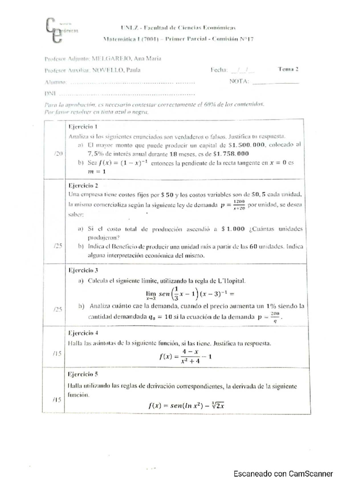 Matemática I (7001) Primer Parcial - Ejercicios y Análisis de Funciones ...