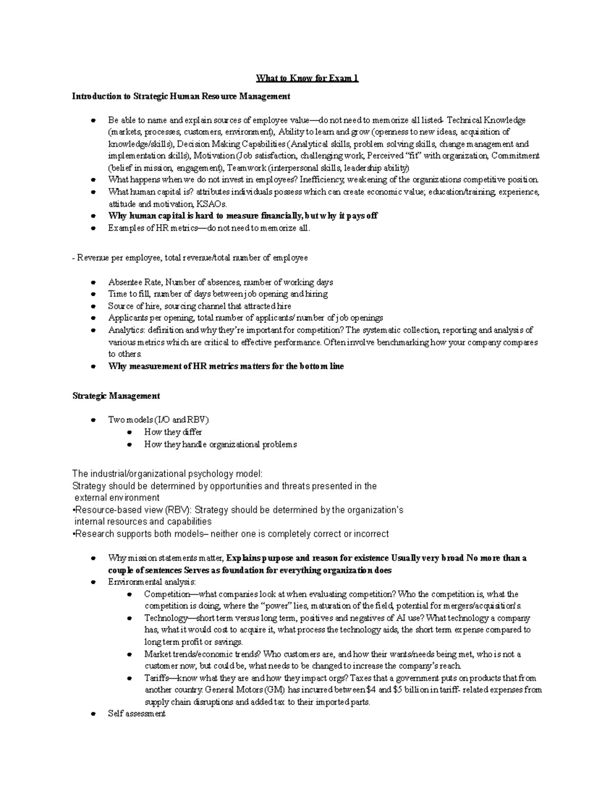 What to Know for Exam 1: Intro to Strategic HR Management - Studocu