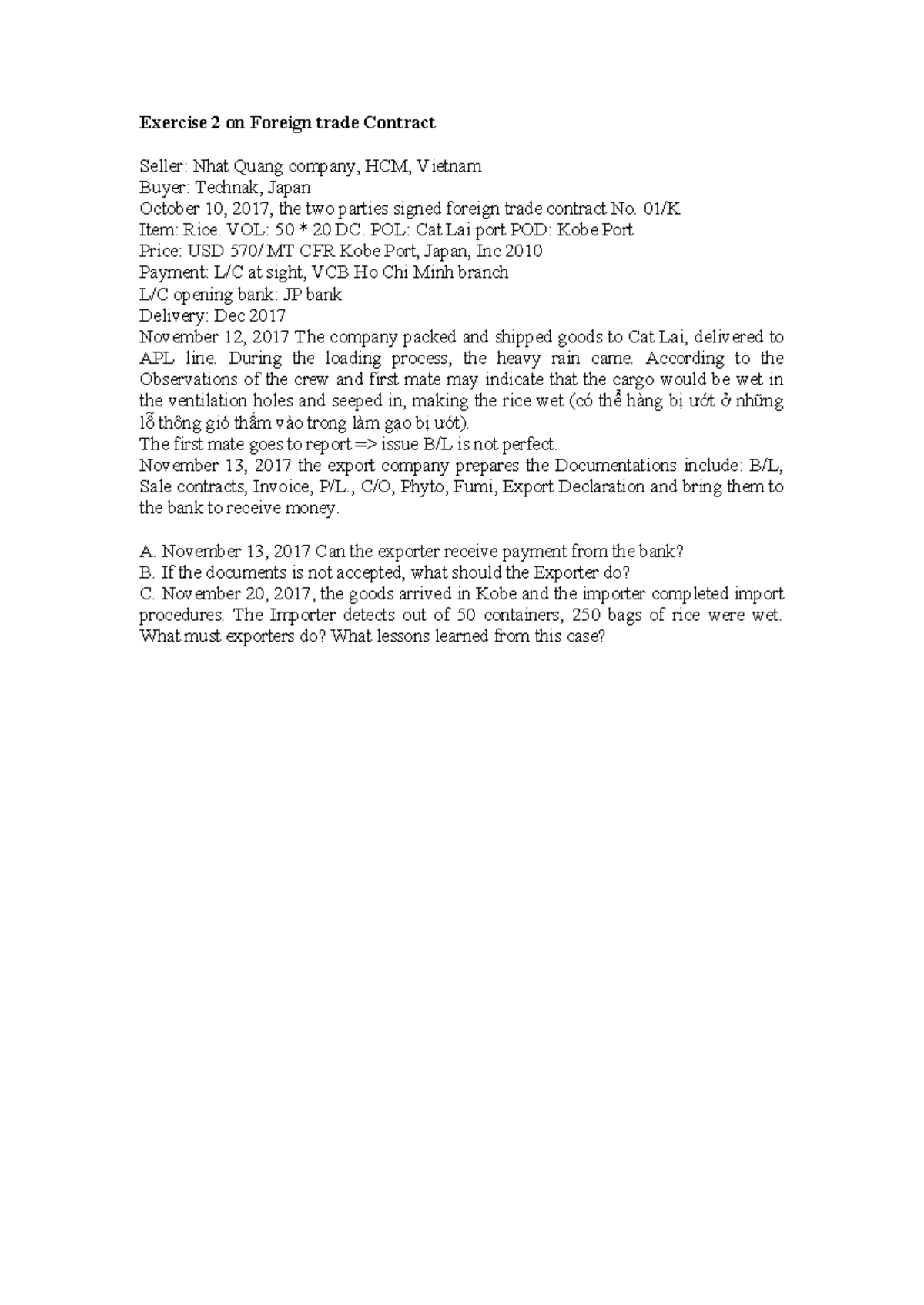 Exercise 2: Foreign Trade Contract Analysis (HCM-Japan) - Studocu