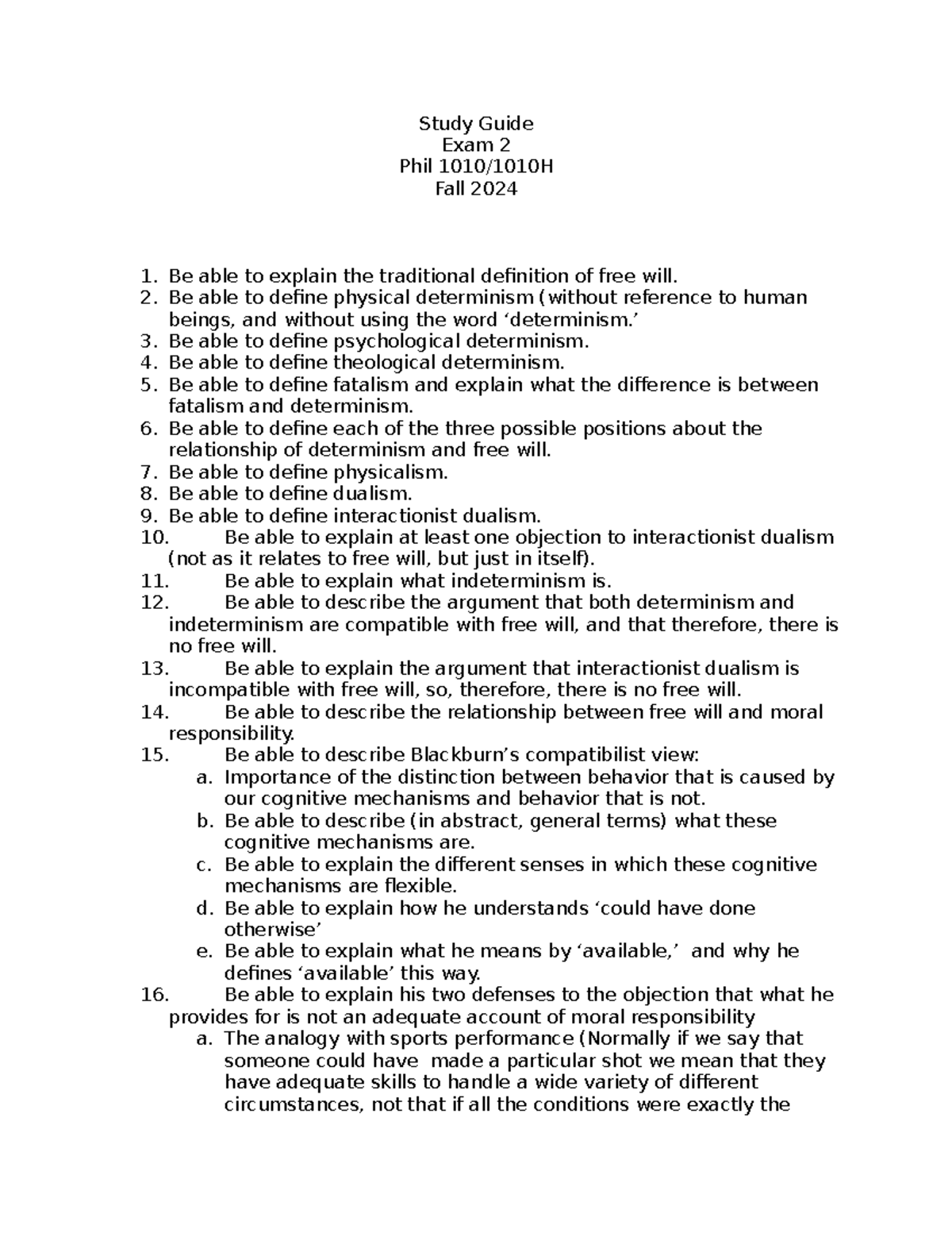 Phil 1010/1010H Exam 2 Study Guide: Free Will & Determinism Insights ...