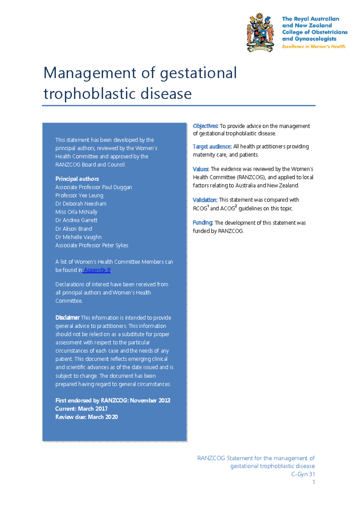RANZCOG C-Gyn 31: Management of Gestational Trophoblastic Disease - Studocu