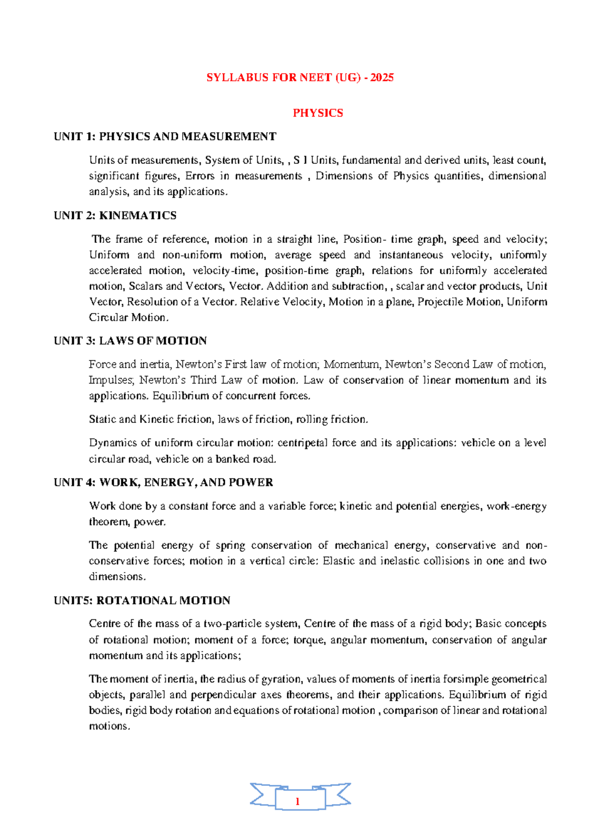 NEET (UG) 2025 Physics Syllabus Overview and Key Concepts - Studocu