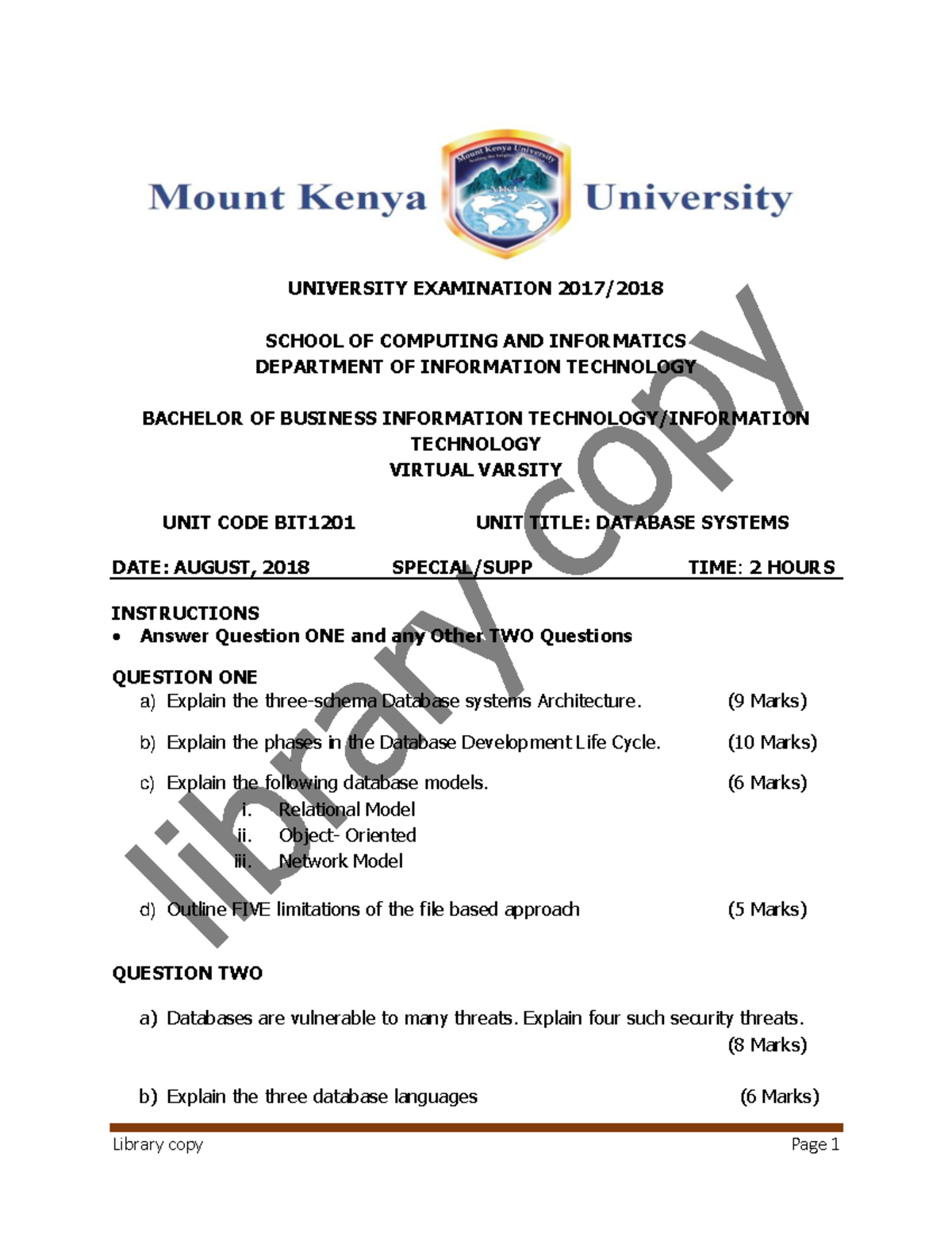 BIT1201 Database Systems Exam Questions and Answers - Studocu