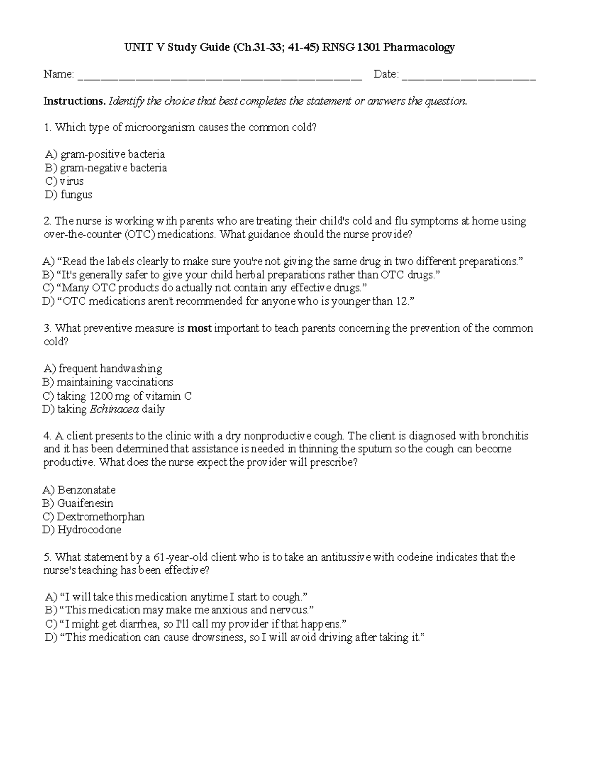 UNIT V Study Guide RNSG 1301: Pharmacology (Ch. 31-33; 41-45) - Studocu