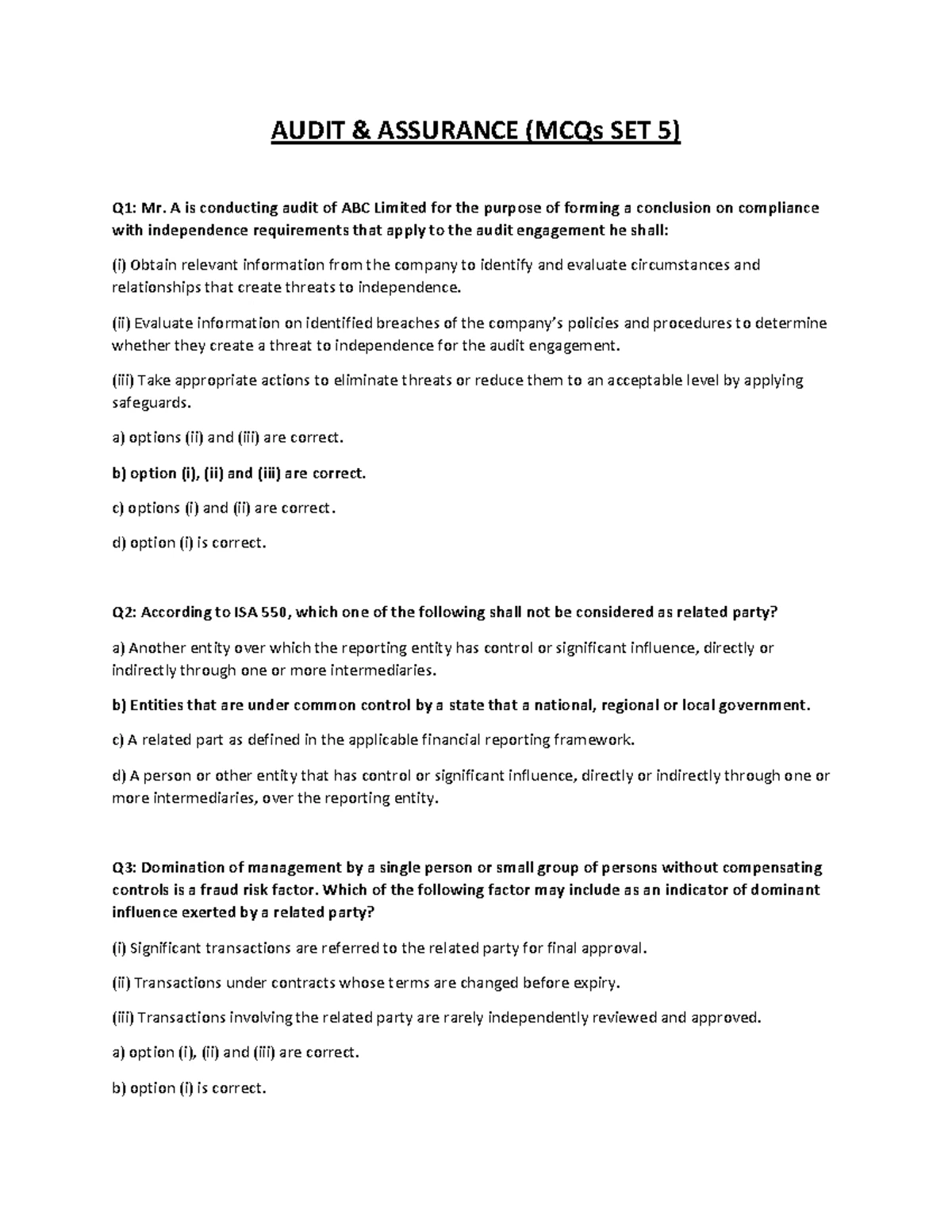AUDIT ASSURANCE (AUD 101) MCQs SET 2: Key Concepts & Questions - Studocu
