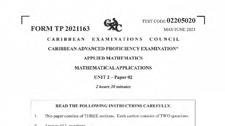 Applied Mathematics 2021 CAPE Unit 2 Paper 02 Exam Guide - Studocu