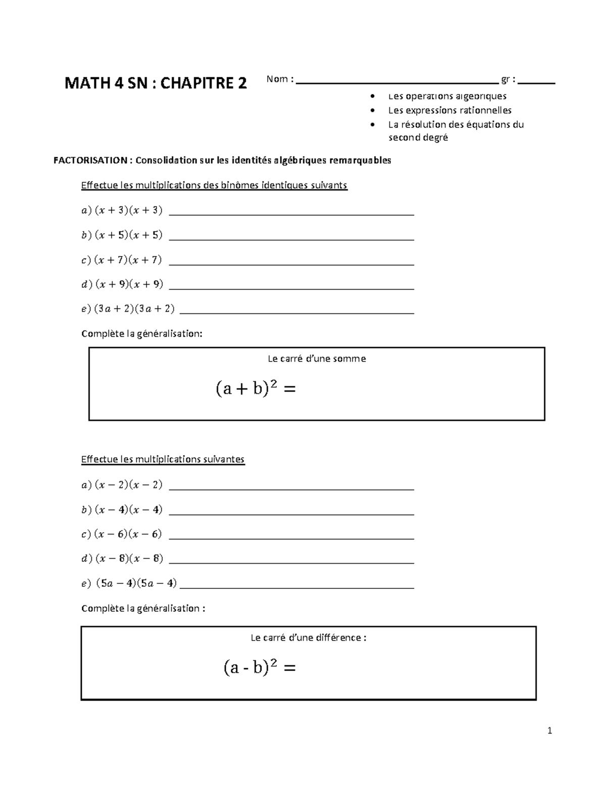 DOC EXER ET PROB CHAP 2 2024-25 - MATH 4 SN : CHAPITRE 2 FACTORISATION ...