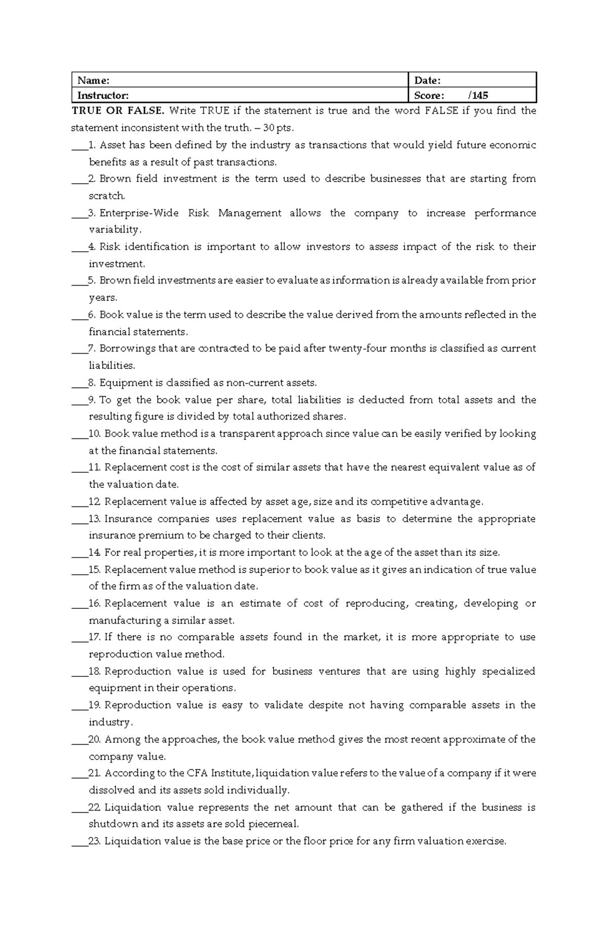 Chapter 2: True/False & Problems on Asset Based Valuation - Studocu