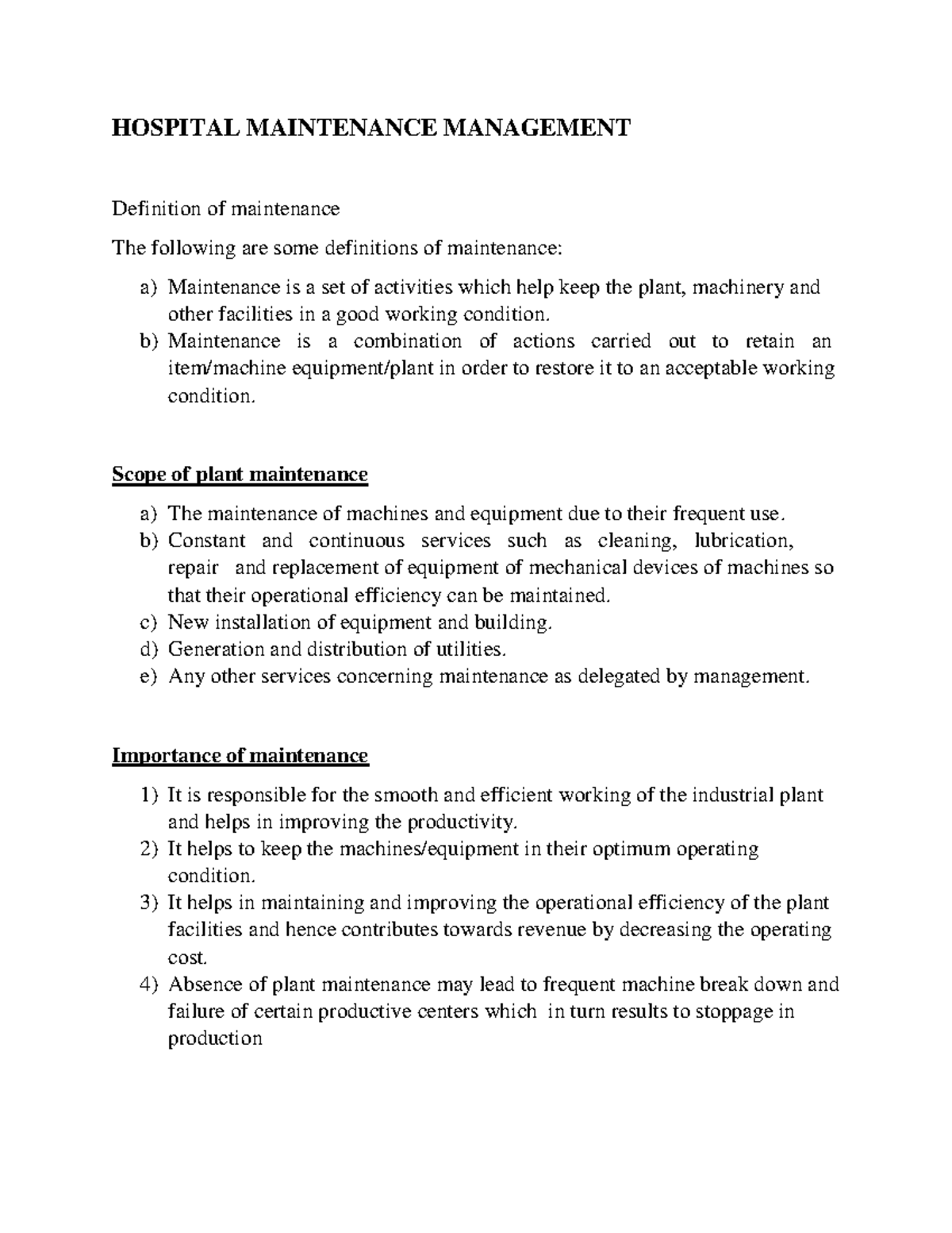HOSP 101: Hospital Maintenance Management Notes and Definitions - Studocu