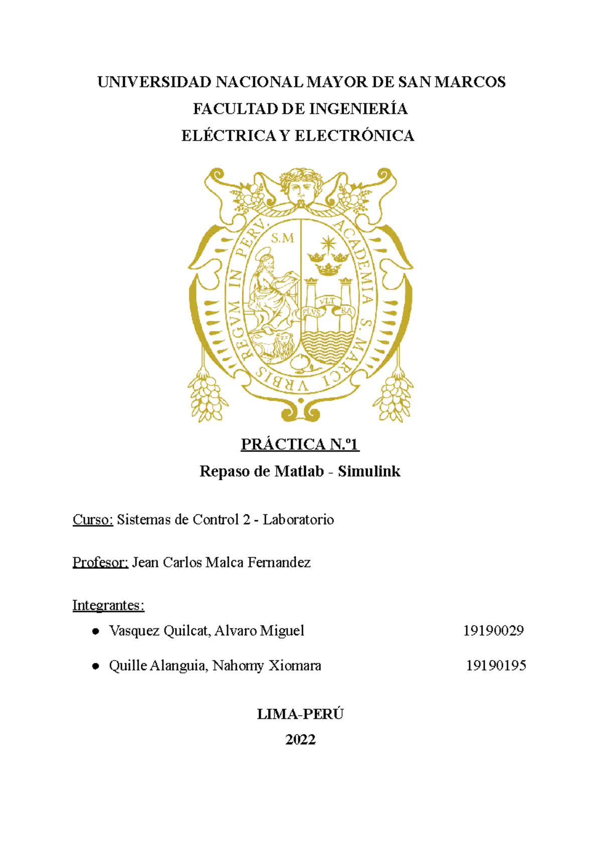 Práctica N.º 1: Repaso de Matlab Simulink - Sistemas de Control 2 - Studocu