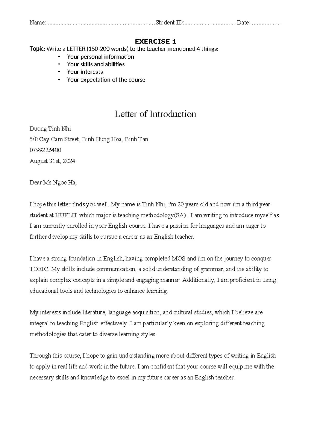 HUFLIT English Course Exercise 1: Letter of Introduction by Tinh Nhi ...
