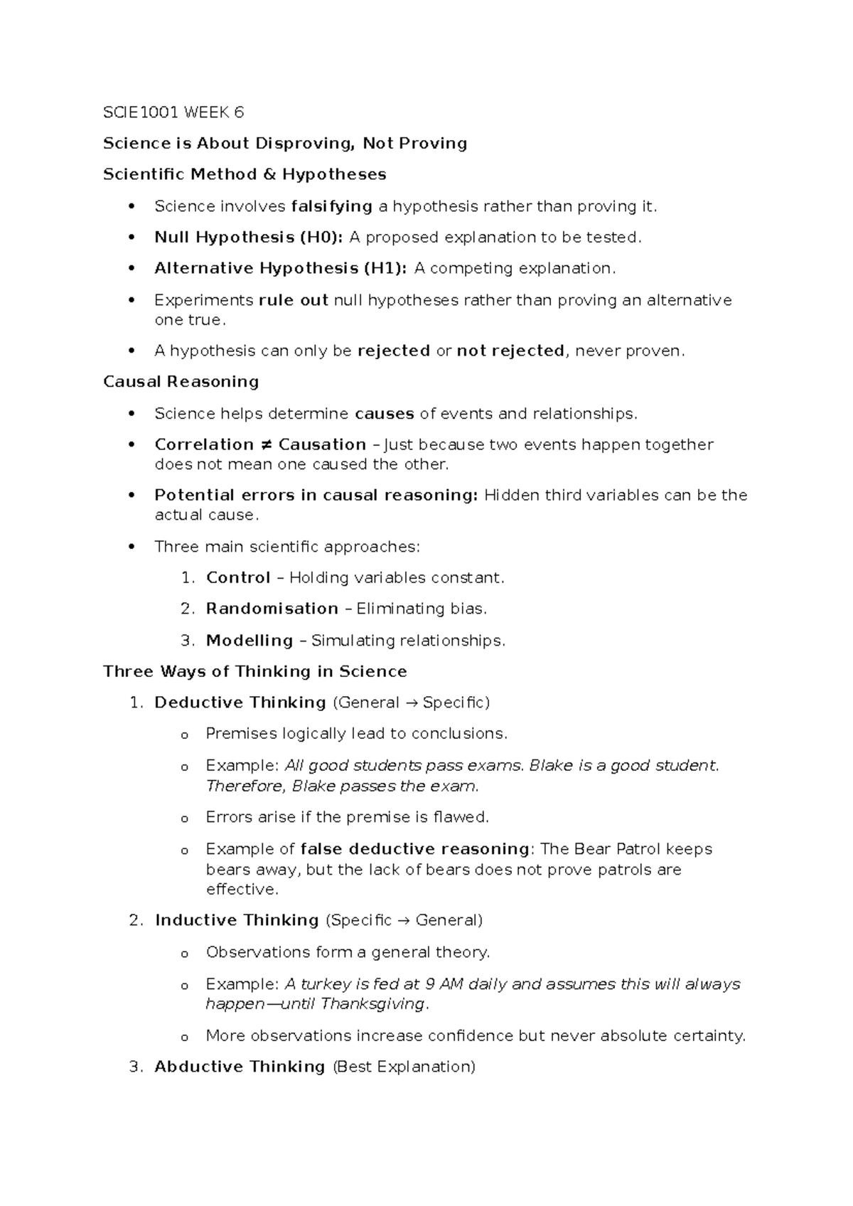 SCIE1001 WEEK 6 - Disproving Hypotheses & Causal Reasoning Notes - Studocu