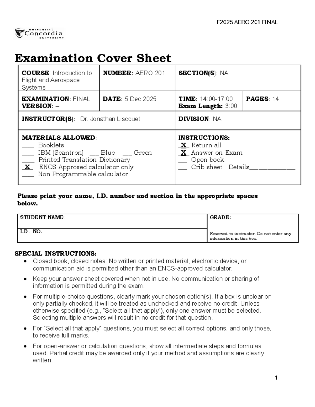 AERO 201 Final Exam Cover Sheet F2025: Introduction to Flight ...