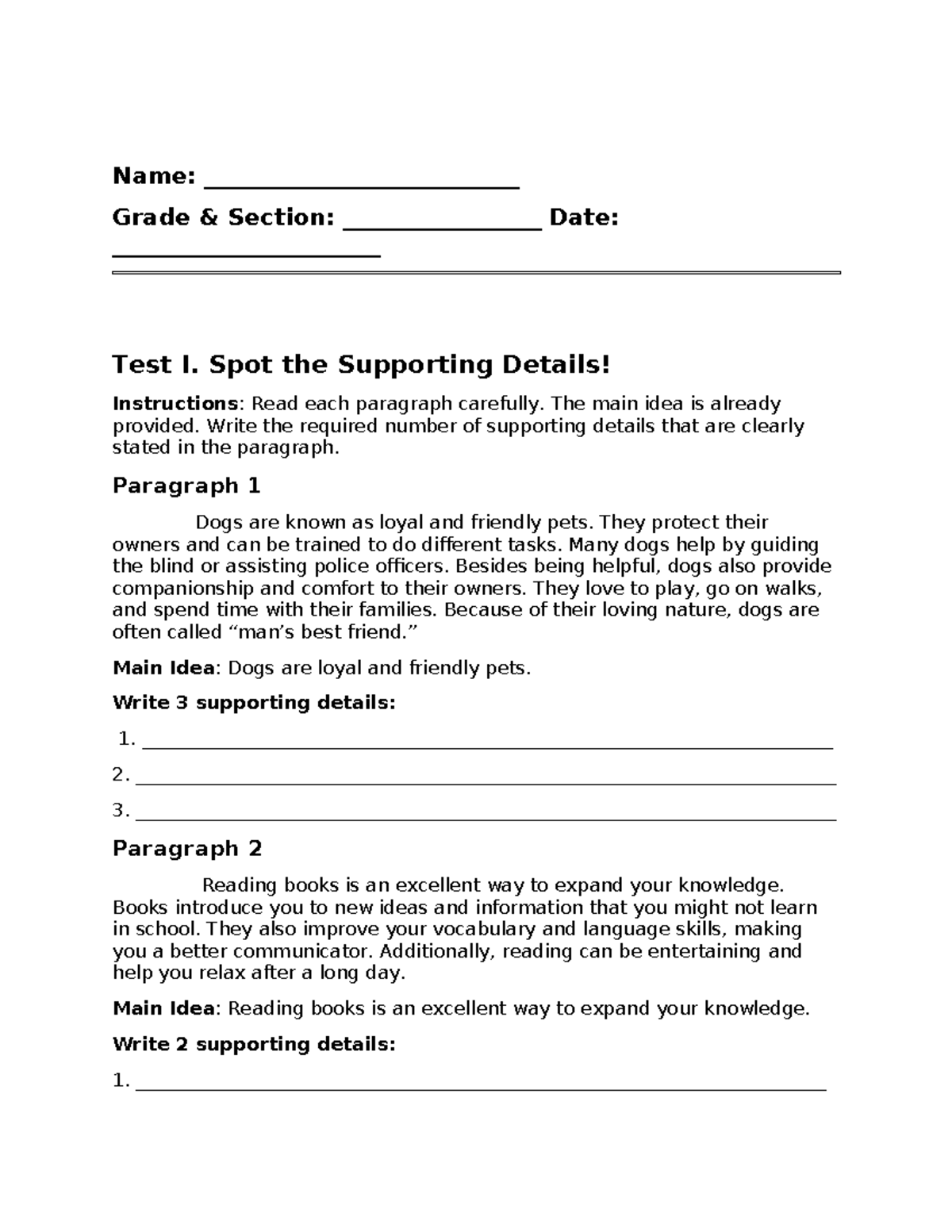 Supporting Details: Test I & II for Grade Section - Studocu
